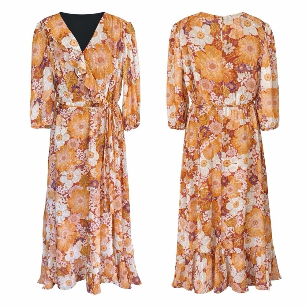 Maxi Dress Faux Wrap Peach Sz M Ruffles Asymmetrical Hem Feminine Chiffon Spring